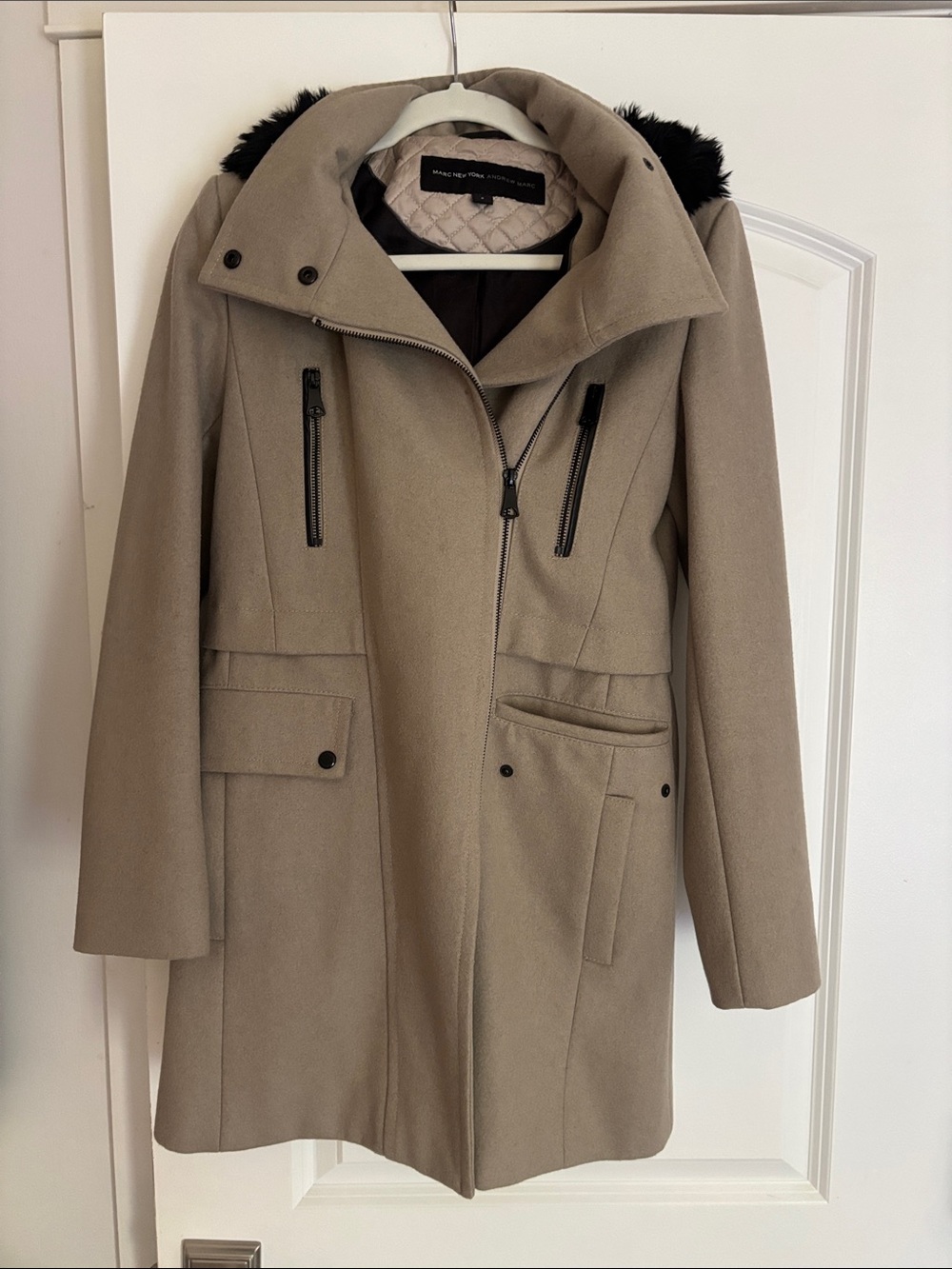 Andrew Marc Taupe Hooded Pea Coat with Black Faux-Fur Trim